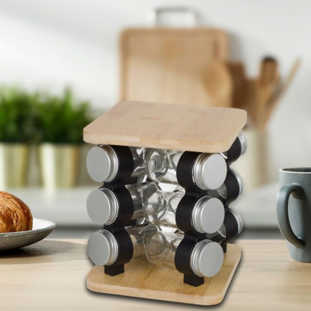 Suport Rotativ pentru Condimente din Lemn cu 12 Recipiente [1]