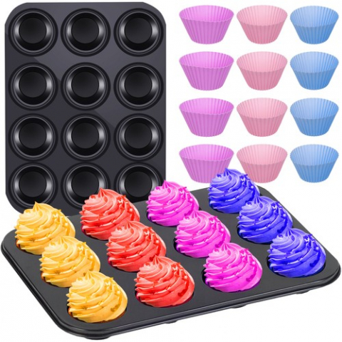 Forme Silicon pentru prăjituri,brioșe și jeleuri - Tava de copt din teflon cu 12 forme silicon,35x26x3 cm