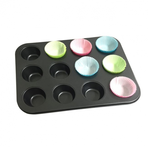 Tava metalica antiaderenta pentru copt cu 12 locuri si forme hartie,35x26x3 cm [1]