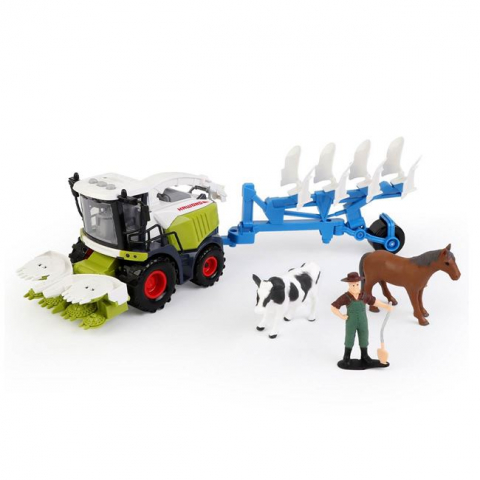 Masinute si vehicule cu telecomanda - Tractor cu remorcă, plug și 2 figurine animale, sunet și lumini
