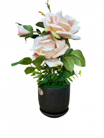Decoratiuni - Trandafir ivory artificial in ghiveci ceramic negru, 11x35 cm