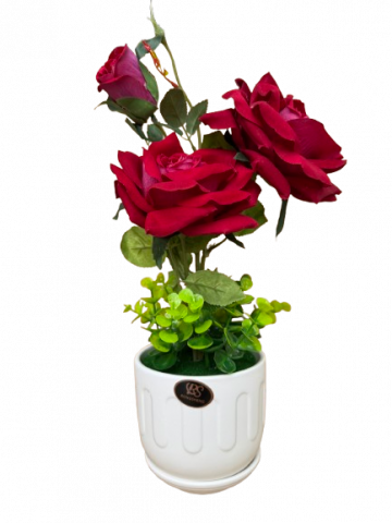Decoratiuni - Trandafir rosu artificial in ghiveci ceramic alb, 11x35 cm