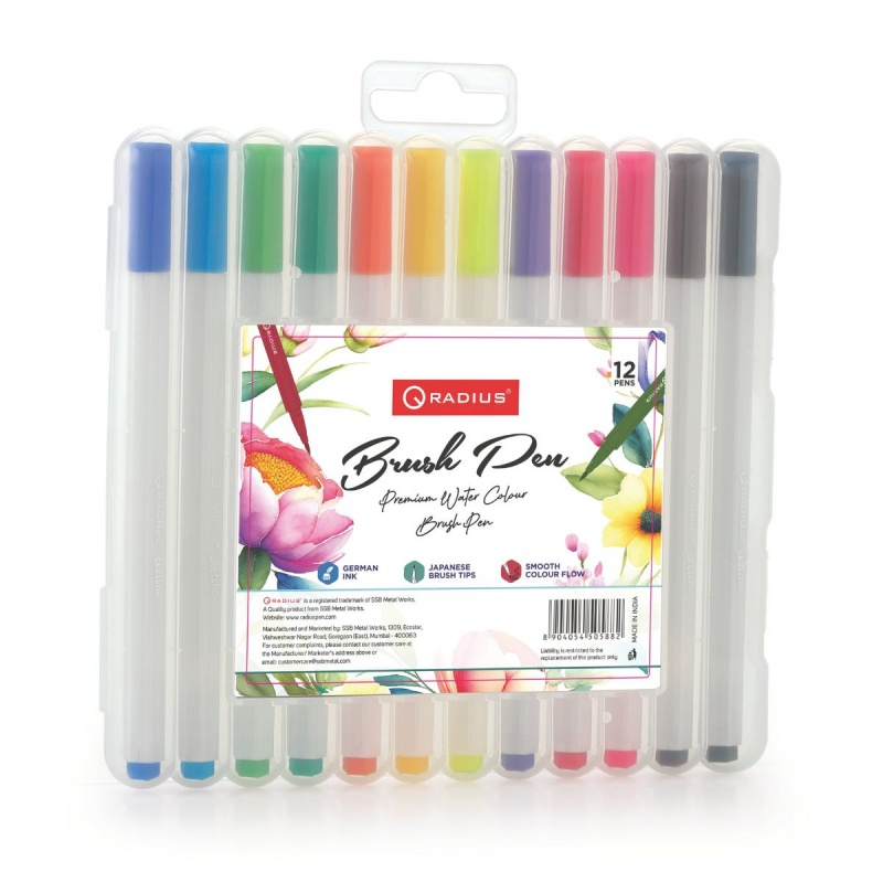 Carioci colorate Radius 50588, 12 culori, vârf brush, blister PVC rigid