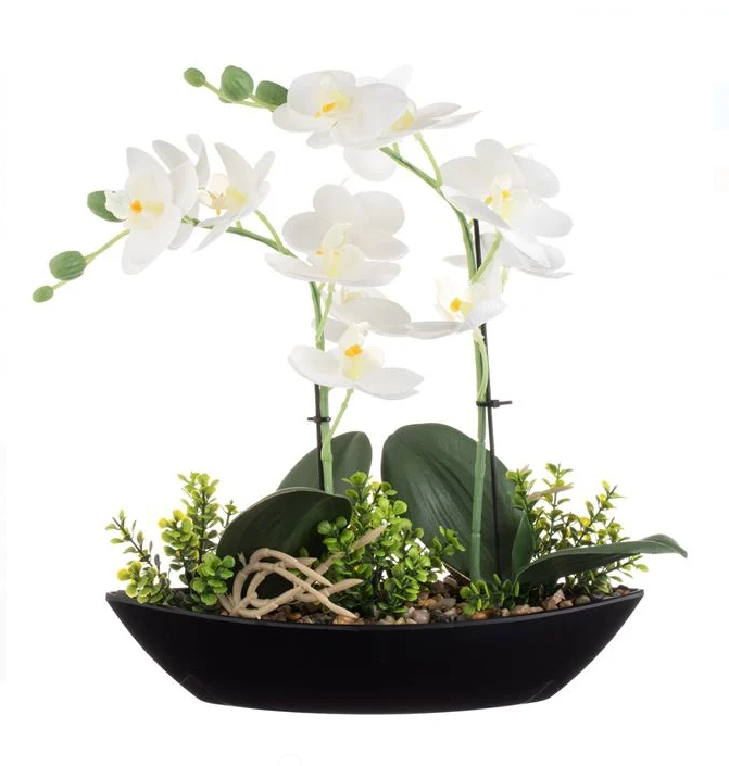 Floare decorativa artificiala Orhidee alba in ghiveci tip barca, plastic,27x9x30cm