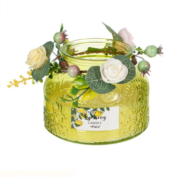 Lumanare decorativa in candela din sticla tip borcan, Verde, 760 gr