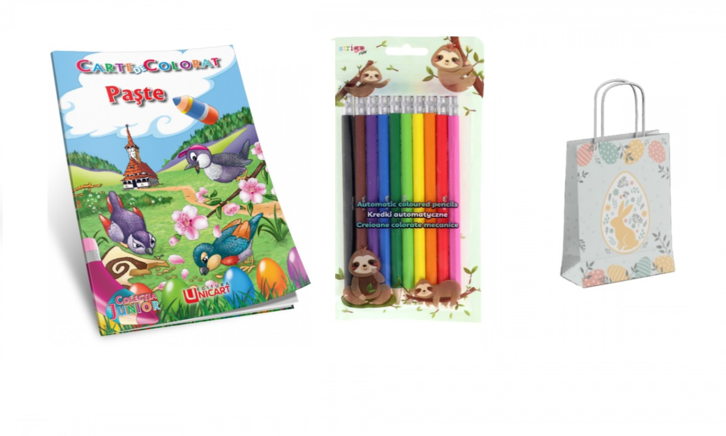 Pachet creativ pentru paste- carte de colorat + 10 creioane mecanice colorate + punga cadou