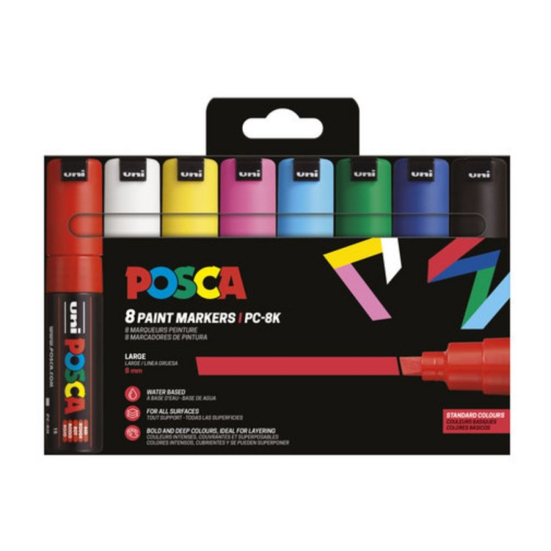 Set 8 markere UNI Posca PC-8K, varf tesit 8 mm, culori asortate