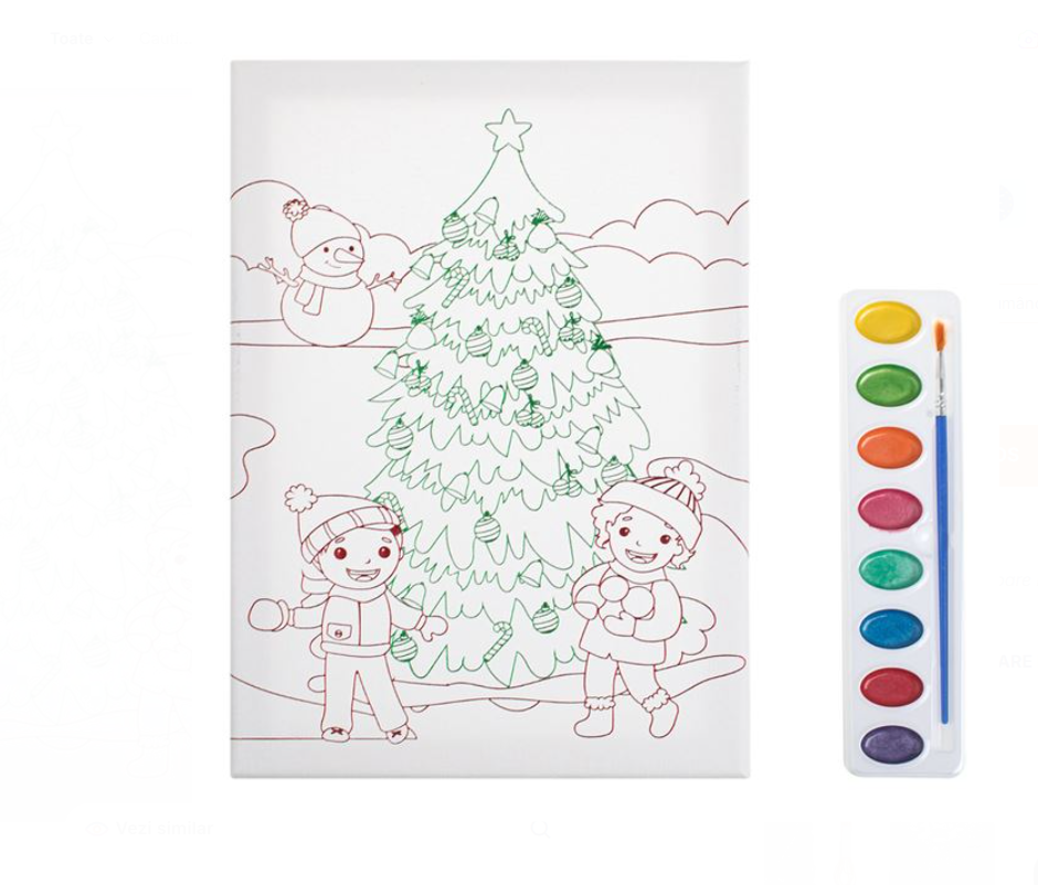 Set creativ de pictat Craciun, canvas A4 cu brad si copii, 8 culori si pensula