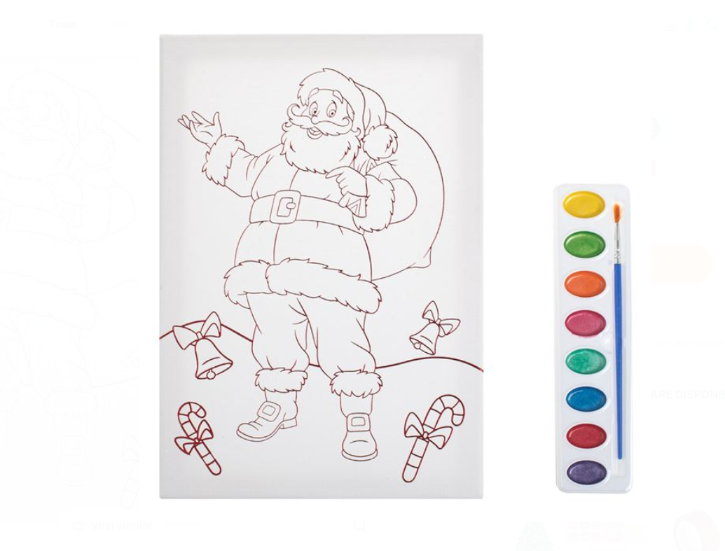 Set creativ de pictat Craciun, canvas A4 cu Mos Craciun, 8 culori si pensula