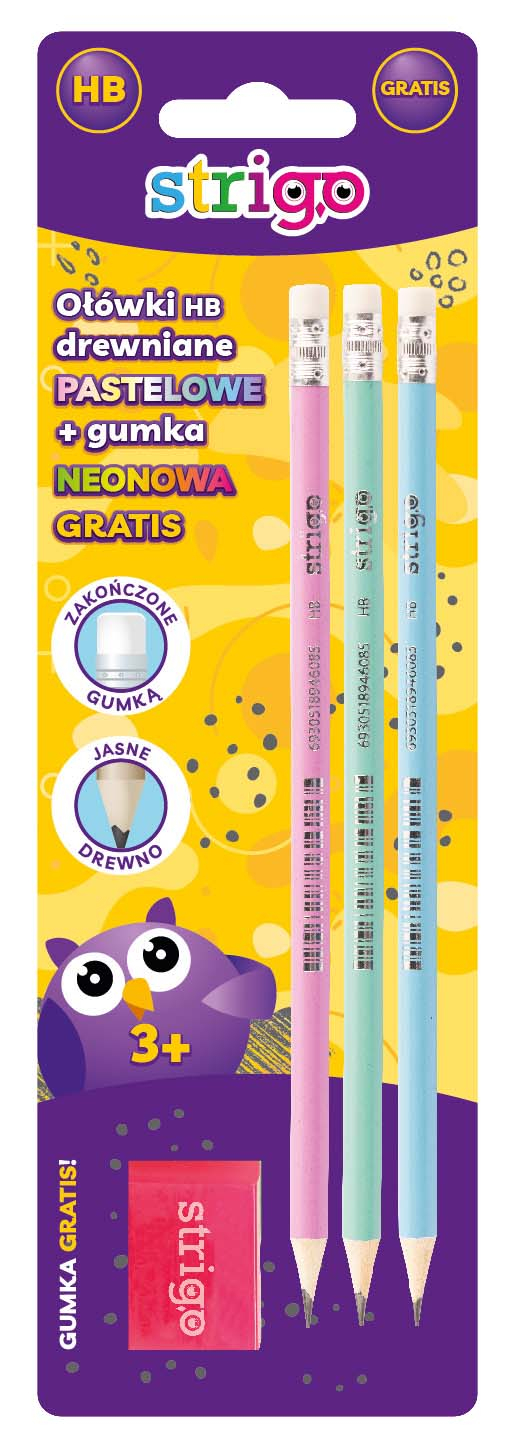 Set creioane Strigo HB Pastel X3 + gumă Neon (blister)