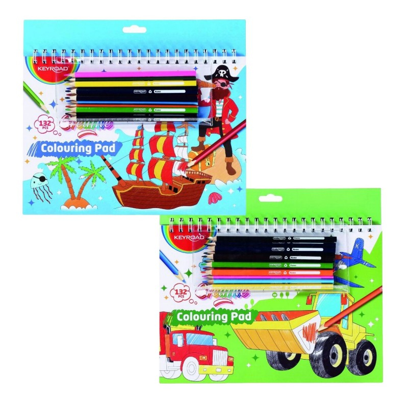 Set de colorat Keyroad cu creioane, carte de colorat si stickere, 2 modele pirat si tractor