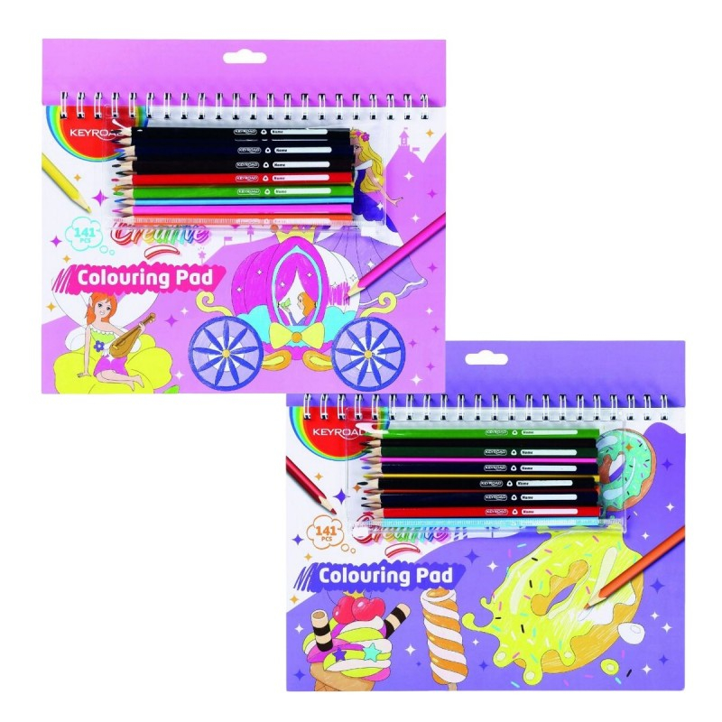 Set de colorat Keyroad cu creioane, carte de colorat si stickere, 2 modele printesa si donut