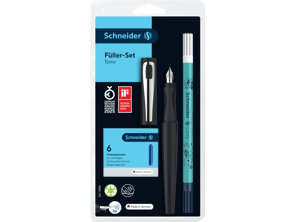 Stilou Schneider Tomo + pic corector + 6 rezerve,penita M,manson ergonomic, +7 ani Negru