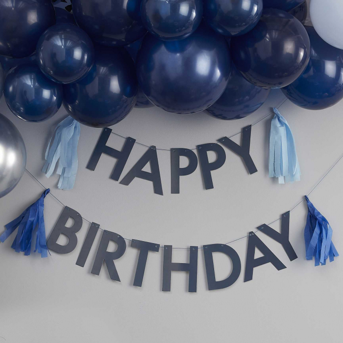 Ghirlanda albastra Happy Birthday cu ciucuri [2]