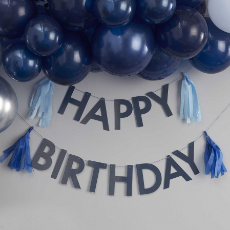 Ghirlanda albastra Happy Birthday cu ciucuri [1]