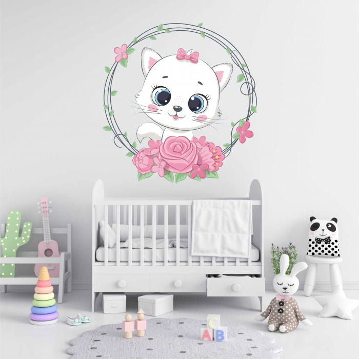 STICKER PERETE PISICUTA CU FLORI [1]