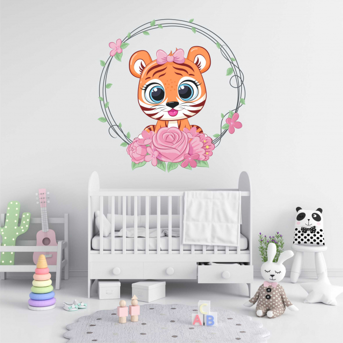 STICKER PERETE TIGRU CU FLORI [1]