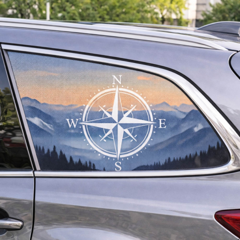 STICKERE GEAM MIC - AUTOCOLANT CU GĂURELE -WINDOWS GRAFIC  BUSOLA PEISAJ
