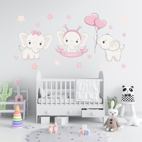 STICKERE DE PERETE - Set Stickere Decorative cu elefanti pentru Camera Fetita