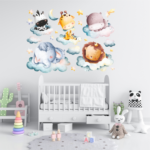 STICKERE DE PERETE - Set Stickere Decorative cu animale safari pe nor