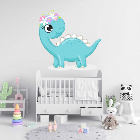 STICKERE DE PERETE - STICKER PERETE DINOZAUR CU FLORI V3
