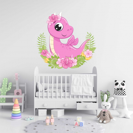 STICKERE DE PERETE - STICKER PERETE DINOZAUR CU FLORI