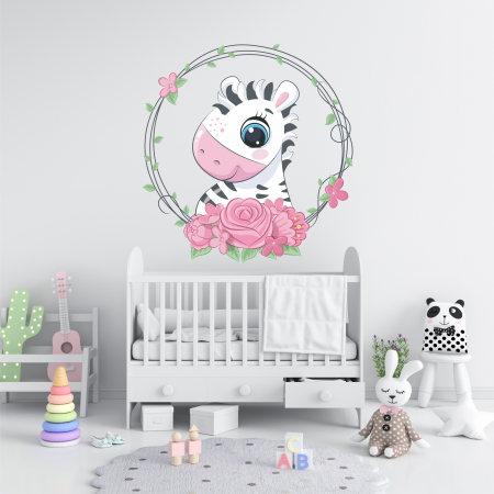 STICKERE DE PERETE - STICKER PERETE BABY ZEBRA CU FLORI