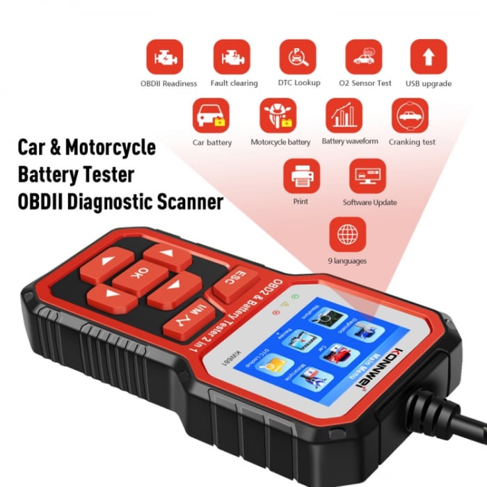 Tester Diagnoza Si Tester Baterie Auto 2in1 Konnwei [2]