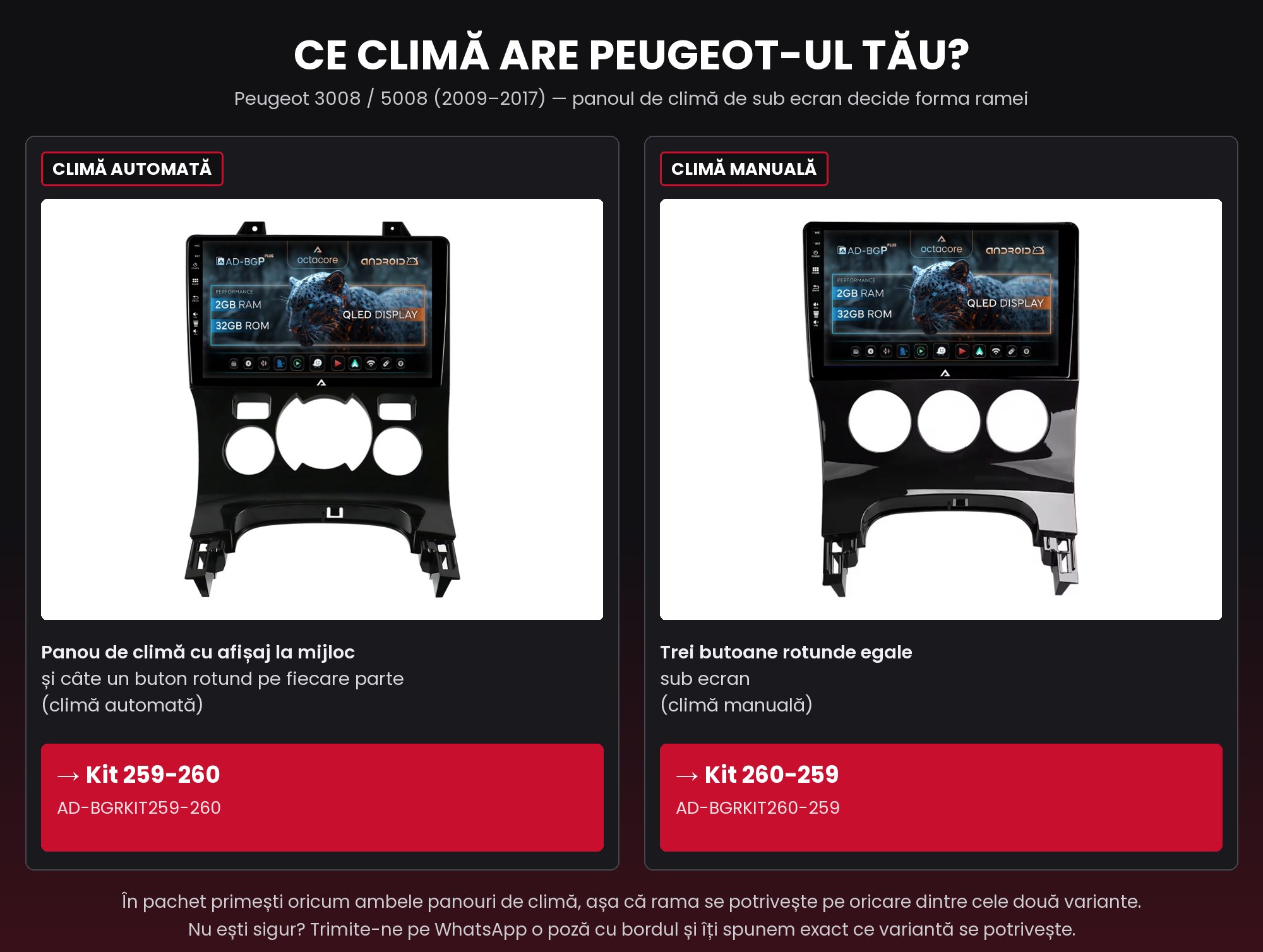Peugeot 3008/5008: kit 259-260 pentru climă automată, 260-259 pentru climă manuală