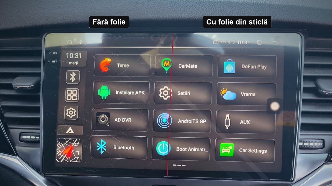 Ecran fără folie și ecran cu folie din sticlă