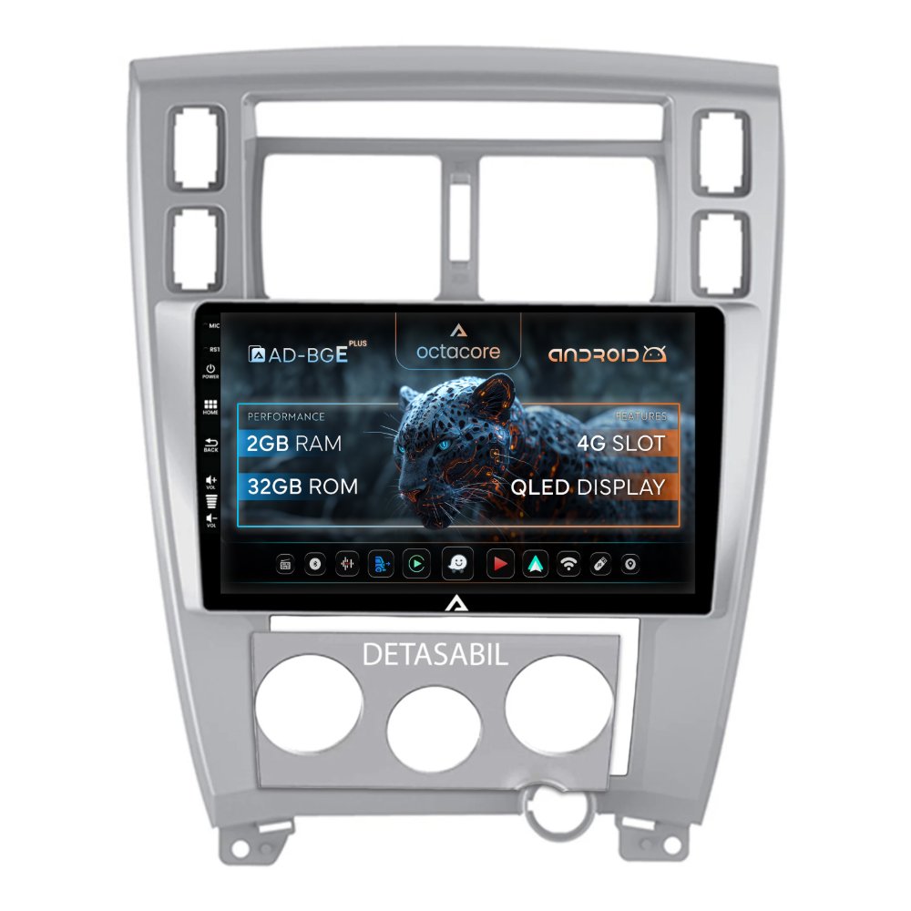Navigatie Hyundai Tucson (2004-2010), ramă argintie, Android, E-Octacore / 2GB RAM + 32GB ROM, 10.1 Inch - AD-BGE10002+AD-BGRKIT200-S