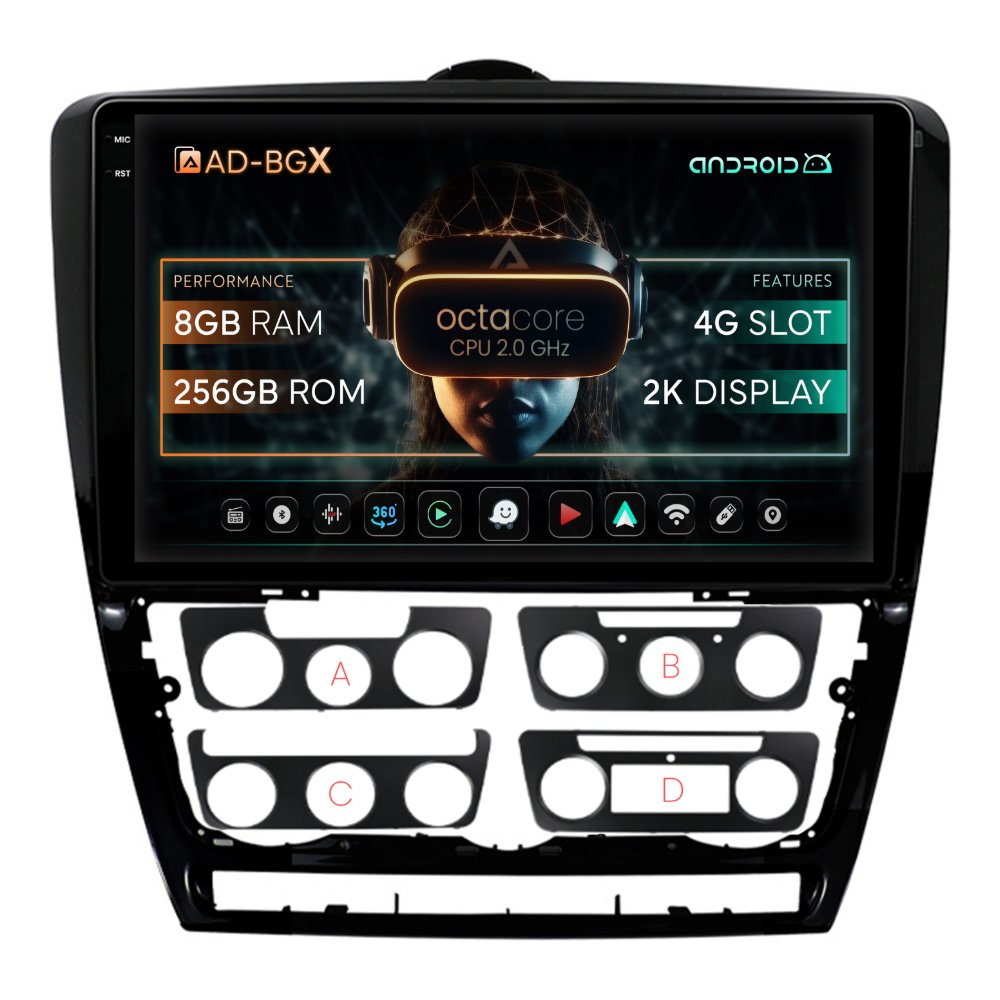 Navigații Skoda Octavia II Facelift 2008-2013 - Navigatie Android 2K Skoda Octavia 2 (2004-2013), ramă Black 8GB | AutoDrop.ro