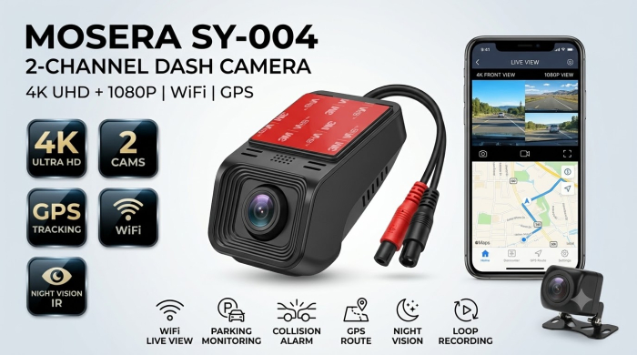 Camera auto DVR MOSERA SY-004 2-Channel, 4K Front, 1080P Spate, Ecran color, GPS, WiFi, Night Vision, G-Sensor, Loop Recording [1]