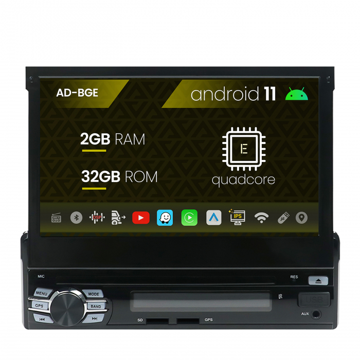 Navigatie all-in-one cu ecran retractabil, android 11, quadcore 2gb ram + 32gb rom, 7 inch cu dvd - ad-bge1001din