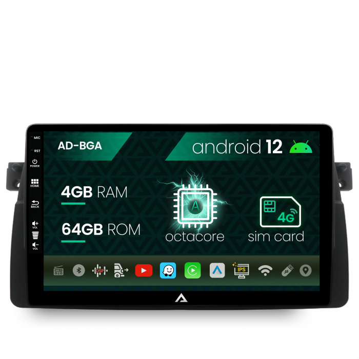 Navigatie bmw e46, android 12, a-octacore 4gb ram + 64gb rom, 9 inch - ad-bga9004+ad-bgrkit397
