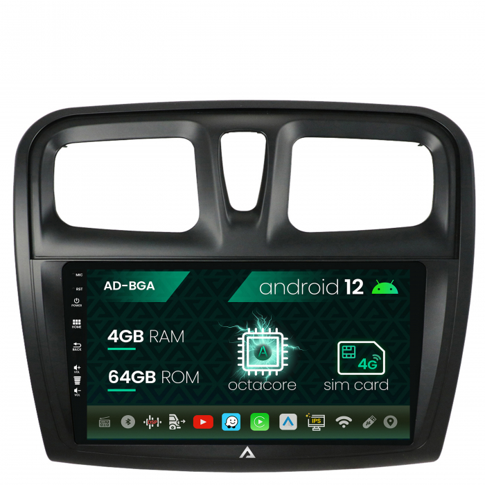 Navigatie Dacia Logan Sandero, Android 12, A-Octacore 4GB RAM + 64GB ROM, 9 Inch - AD-BGA9004+AD-BGRKIT375