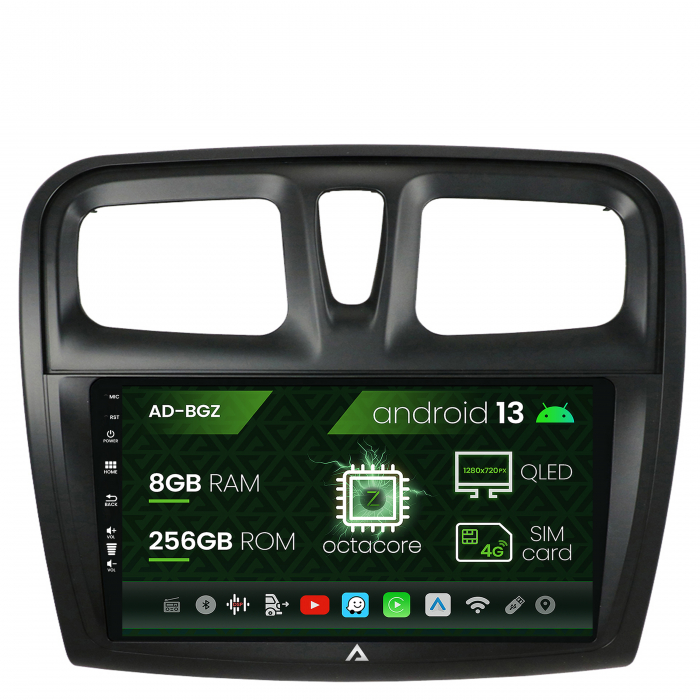 Navigatie Dacia Logan Sandero, Android 13, Z-Octacore 8GB RAM + 256GB ROM, 9 Inch - AD-BGZ9008+AD-BGRKIT375