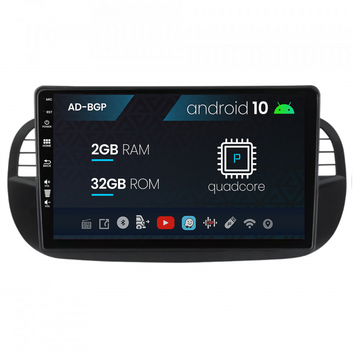 Navigatie Fiat 500 (2007-2014), Android 10, P-Quadcore 2GB RAM + 32GB ROM, 9 Inch - AD-BGP9002+AD-BGRKIT362V3