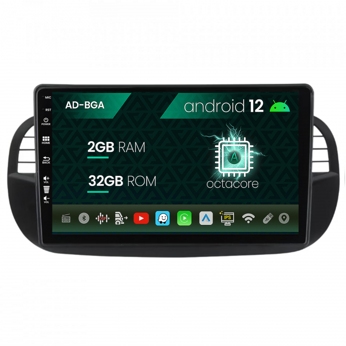 Navigatie fiat 500 (2007-2014), android 12, a-octacore 2gb ram + 64gb rom, 9 inch - ad-bga9002+ad-bgrkit362v3