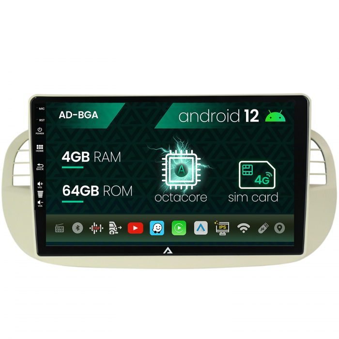 Navigatie Fiat 500 (2007-2014), Android 12, A-Octacore 4GB RAM + 64GB ROM, 9 Inch - AD-BGA9004+AD-BGRKIT362V2