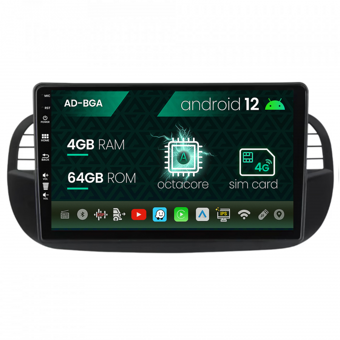 Navigatie fiat 500 (2007-2014), android 12, a-octacore 4gb ram + 64gb rom, 9 inch - ad-bga9004+ad-bgrkit362v3