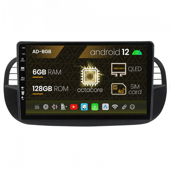 Navigatie Fiat 500 (2007-2014), Android 12, B-Octacore 6GB RAM + 128GB ROM, 9 Inch - AD-BGB9006+AD-BGRKIT362V3