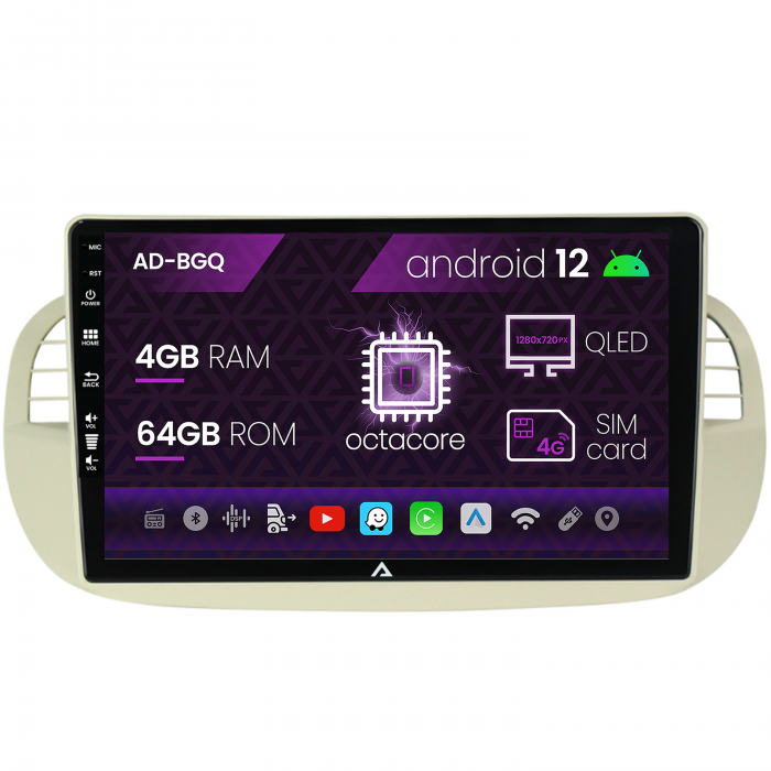 Navigatie Fiat 500 (2007-2014), Android 12, Q-Octacore 4GB RAM + 64GB ROM, 9 Inch - AD-BGQ9004+AD-BGRKIT362V2