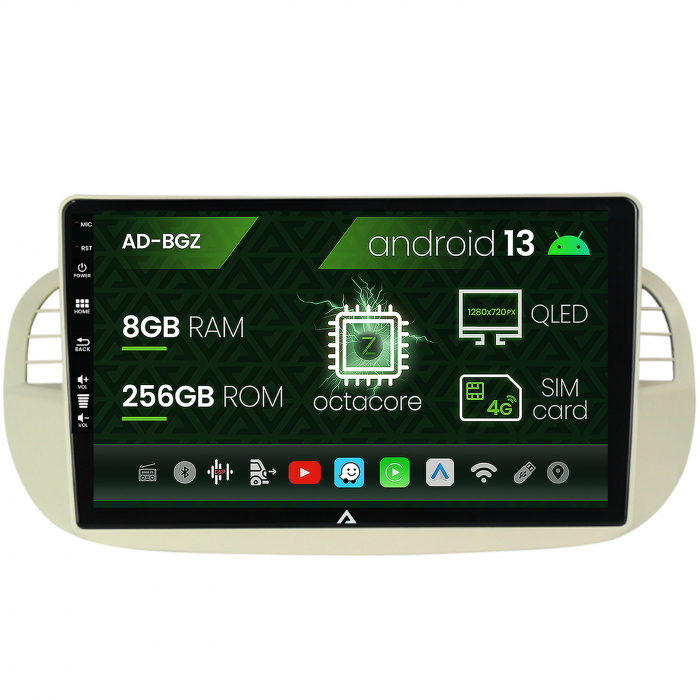 Navigatie fiat 500 (2007-2014), android 13, z-octacore 8gb ram + 256gb rom, 9 inch - ad-bgz9008+ad-bgrkit362v2
