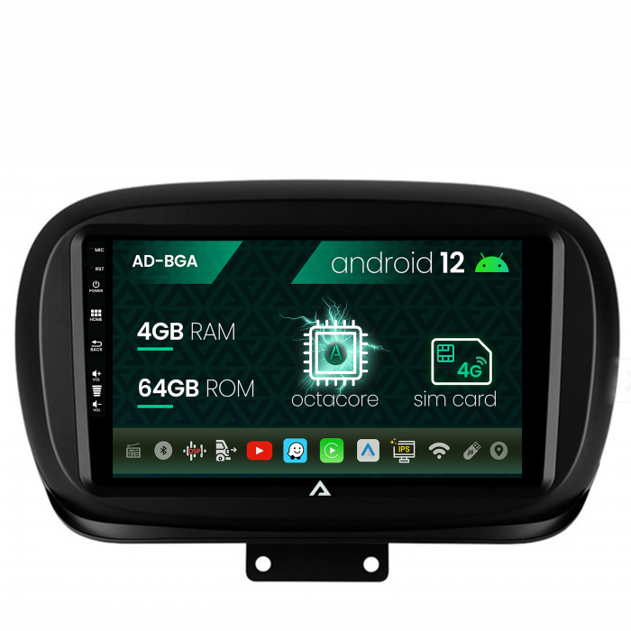 Navigatie fiat 500x (2014-2020), android 12, a-octacore 4gb ram + 64gb rom, 9 inch - ad-bga9004+ad-bgrkit362