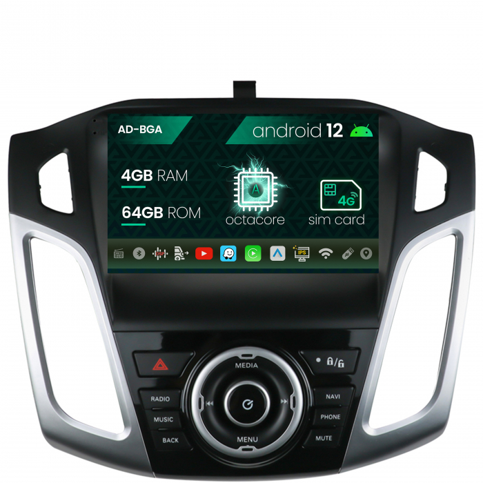 Navigatie ford focus 3 (2011-2019), android 12, a-octacore 4gb ram + 64gb rom, 9 inch - ad-bga9004+ad-bgrkit144
