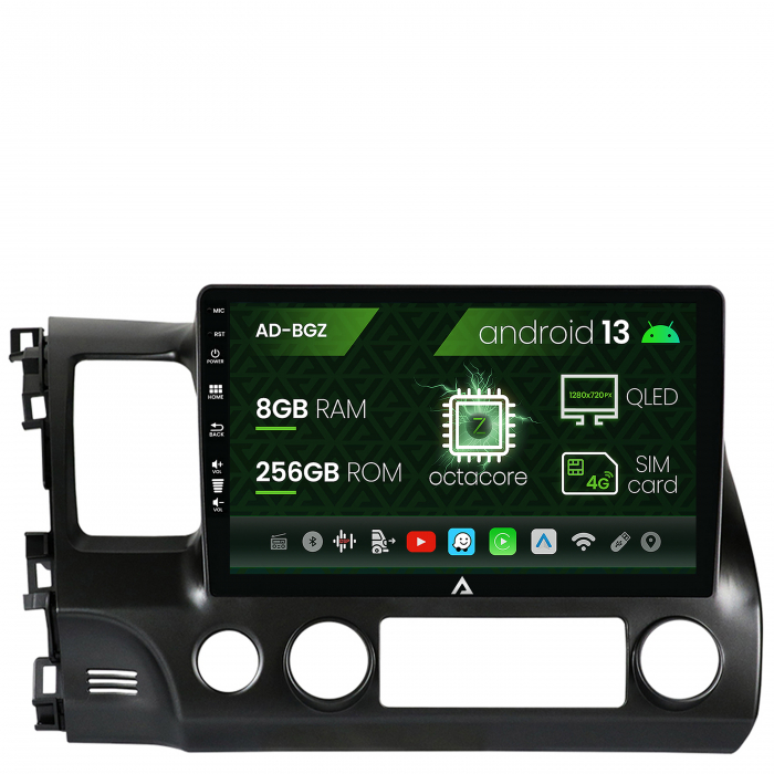 Navigatie Honda Civic (2005-2012), Android 13, Z-Octacore 8GB RAM + 256GB ROM, 10.1 Inch - AD-BGZ10008+AD-BGRKIT008