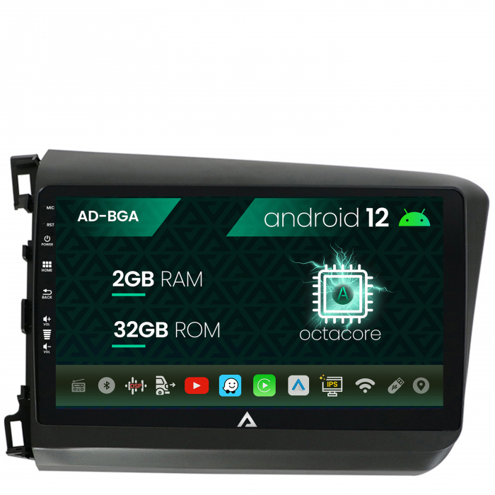 Navigatie honda civic (2012-2015), android 12, a-octacore 2gb ram + 32gb rom, 9 inch - ad-bga9002+ad-bgrkit007