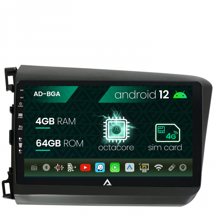 Navigatie honda civic (2012-2015), android 12, a-octacore 4gb ram + 64gb rom, 9 inch - ad-bga9004+ad-bgrkit007