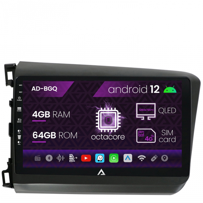 Navigatie Honda Civic (2012-2015), Android 12, Q-Octacore 4GB RAM + 64GB ROM, 9 Inch - AD-BGQ9004+AD-BGRKIT007